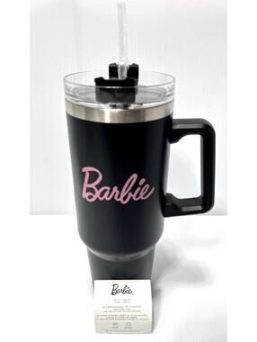 Barbie Mattel 40 oz Stainless Steel Tumbler Mug With Handle Straw Black Pink NWT